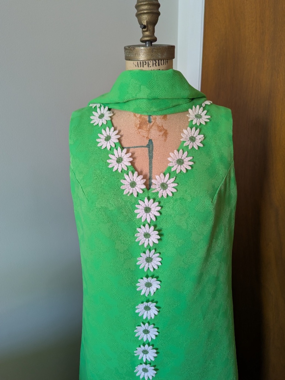 Bright Green 70's Dress With Matching Scarf